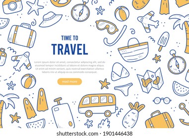 Hand drawn banner of summer vacation travel elements: luggage, map, suitcase, sea star. Doodle sketch style. Travel element drawn by digital pen. Illustration for banner, background design template.