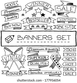 Hand drawn banner and tag icons with captions and stars. Vector illustration. 