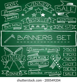 Hand drawn banner and tag icons with captions and stars, green chalkboard effect. Vector illustration.