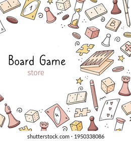 Hand drawn banner template with of board game element. Doodle sketch style. Vector illustration for board game shop, store background, game competition banner, frame