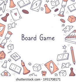 Hand drawn banner template with of board game element. Doodle sketch style. Vector illustration for board game shop, store background, game competition banner, frame