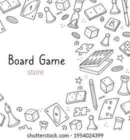 Hand drawn banner template with of board game element. Doodle sketch style. Vector illustration for board game shop, store background, game competition banner, frame