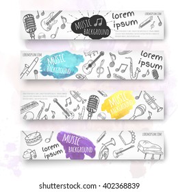 Hand drawn banner template. Music doodles. Vector illustration.