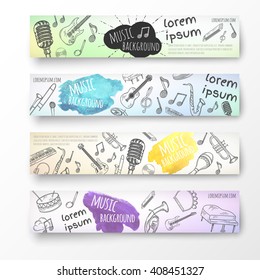 Hand drawn banner template. Music doodles. Vector illustration.