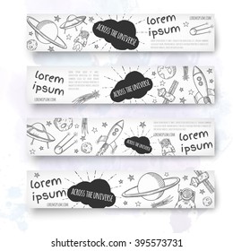 Hand drawn banner template. Space doodles. Vector illustration.