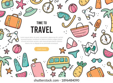 Hand drawn banner of travel summer vacation elements, luggage, map, suitcase, sea star. Doodle sketch style. Travel element drawn by digital pen. Illustration for banner, background design template.