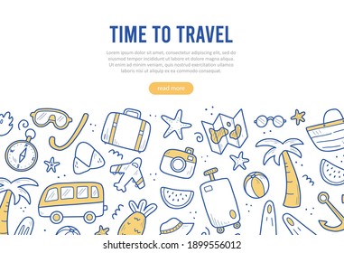 Hand drawn banner of travel summer vacation elements, luggage, map, suitcase, sea star. Doodle sketch style. Travel element drawn by digital pen. Illustration for banner, background design template.