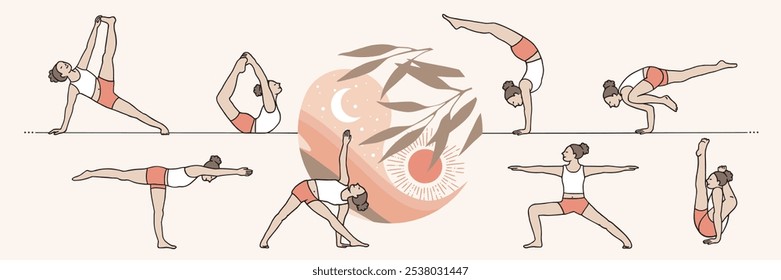 Hand drawn banner with various yoga position and yin yang logo in the middle