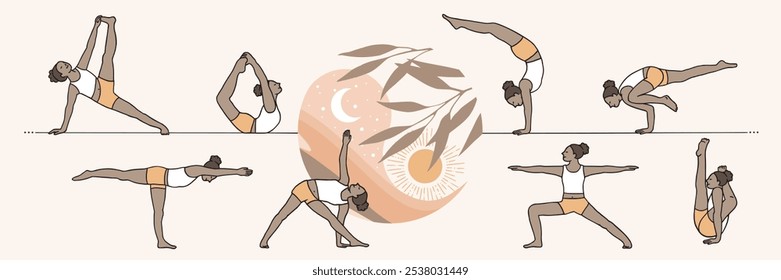 Anuncio dibujado a mano con varias posiciones de yoga y logotipo de yin yang en el medio