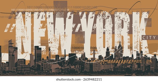 Hand drawn banner with words New York, cityscape and skyscrapers. USA illustration in grunge style. T-shirt design, travel flyer, tourist postcard. No AI used