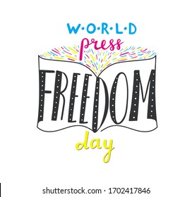 Hand drawn banner World press freedom day - creative lettering composition with CMYK colors and original letters. Newspaper with colorful fireworks. Doodle painting solated on white. May, 3