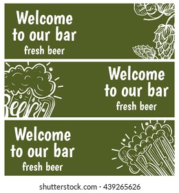 Hand drawn banners with beer in glass mug with text and hops. Vector illustration