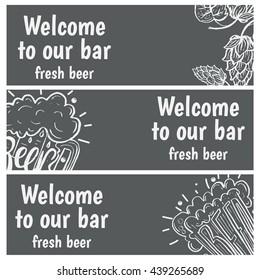 Hand drawn banners with beer in glass mug with text and hops. Vector illustration