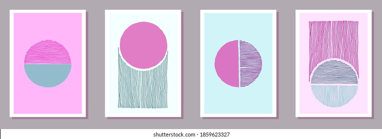 Hand drawn banners with minimal compositions of circles and lines. Geometric minimalistic posters in japanese style. Abstract sunset concept. Pink circle and semicircles, green lines. Creative set.