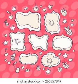 Hand drawn banners on pink background. Hearts, stars, cherries,lips,  raspberries and strawberries.