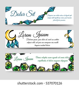 Hand drawn banners set design with diamonds and moon. Vector illustration