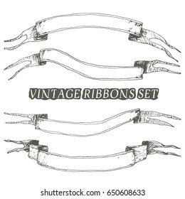 Hand drawn banners set. Sketch tapes collection. Ribbon isolated on white background. Vector illustration