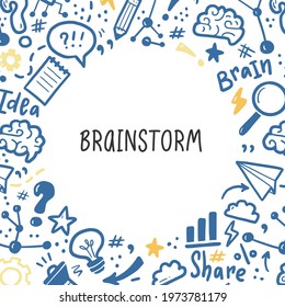 Hand drawn banners template with brainstorm, idea, brain elements. Doodle sketch style. Vector illustration for brainstorm, business banner, frame, brochure background.