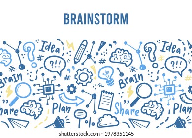 Hand drawn banners template with brainstorm, idea, brain elements. Doodle sketch style. Vector illustration for brainstorm, business banner, frame, brochure background.