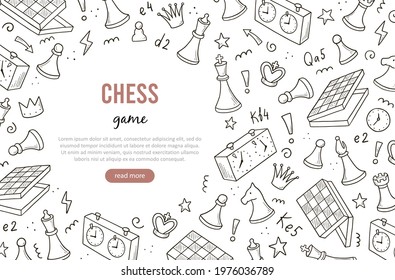 Hand drawn banners template with cartoon chess game elements. Doodle sketch style. Vector illustration for a chess club, tournaments banner, frame, brochure background.