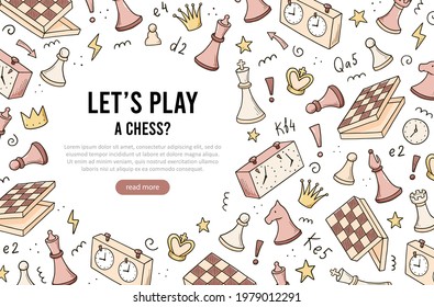 Hand drawn banners template with cartoon chess game elements. Doodle sketch style. Vector illustration for a chess club, tournaments banner, frame, brochure background.