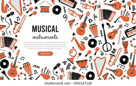 Plantilla de banderas dibujadas a mano con instrumento musical, guitarra, saxofón. Estilo de dibujo de Doodle. Ilustración vectorial para la tienda de música, banner de instrumentos musicales, volante de festivales musicales, fondo de folletos