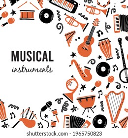 Hand drawn banners template with musical instrument, guitar, saxophone. Doodle sketch style. Vector illustration for music shop, musical instrument banner, music festival flyer, brochure background