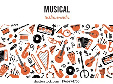 Hand drawn banners template with musical instrument, guitar, saxophone. Doodle sketch style. Vector illustration for music shop, musical instrument banner, music festival flyer, brochure background