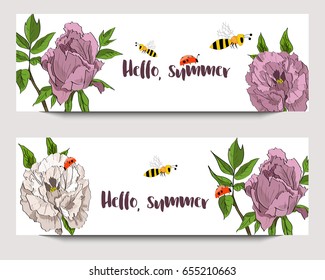 Hand drawn banners with white and rosy peonies, funny bees and ladybirds. Sketch style. Hello, summer.