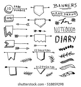 Hand drawn Banners for your Design. Label for Notebook, Diary. Number of Page. Arrows. Doodle Numeral. Page Number. 