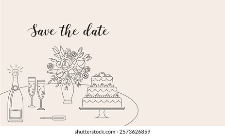 Hand Drawn Banquet Table Food Illustration,Elegant Wedding and Valentine's Day Save the Date Invitation Featuring Champagne, Floral Bouquet, and Tiered Cake Illustration	
