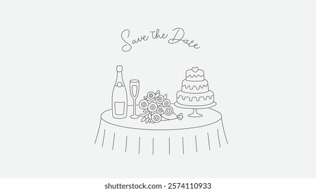 Hand Drawn Banquet Table Food Illustration,Elegant Wedding and Valentine's Day Save the Date Invitation Featuring Champagne, Floral Bouquet, and Tiered Cake Illustration