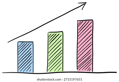 Hand drawn bar chart with growing arrow business analytics doodle infographic vector illustration