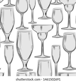 Hand drawn bar glassware seamless pattern. Engraving style. Alcoholic beverage glasses design on white background. Empty glasses backdrop. vector illustration