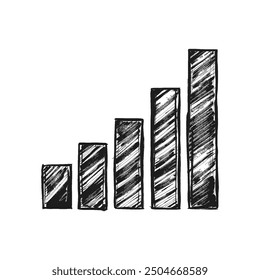 A hand drawn bar graph illustration in black and white, with the bars progressively increasing in height from left to right.