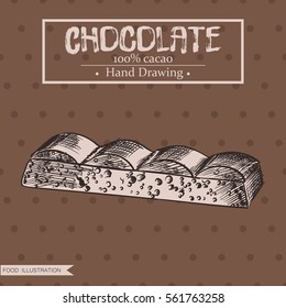 Hand drawn bar of porous chocolate isolated on brown pattern background. Chocolate sketch elements. Retro style hand-drawn vector illustration