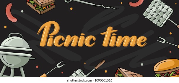 Hand drawn  barbecue elements around decorative hand sketched text.  BBQ and grill banners with hand sketched  objects. Chalkboard background. 
