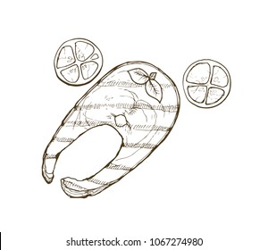 Hand drawn barbecue fish isolated on white background. Grilled salmon sketch.