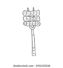 Hand drawn barbecue fork with grilled meat. Doodle barbecue fork with grilled meat in vector.