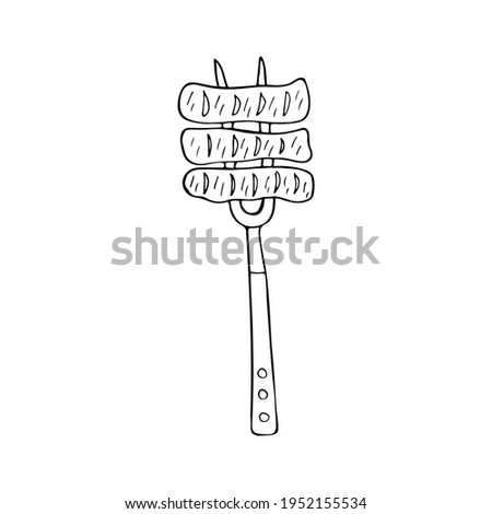 Hand drawn barbecue fork with grilled meat. Doodle barbecue fork with grilled meat in vector.