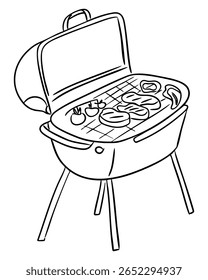 Hand drawn barbecue grill with open lid and various meats and vegetables on grate, isolated on white background. Concept of summer picnic, outdoor cooking and social gathering