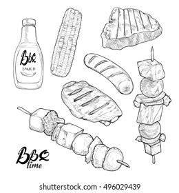 hand drawn barbecue and grill vector Illustration set.