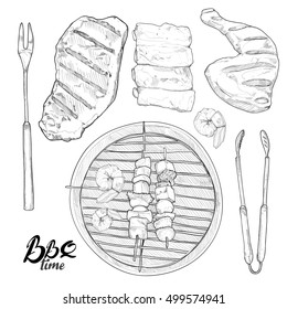 barbacoa dibujada a mano y parrilla vector conjunto Ilustración.