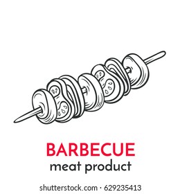 Hand drawn barbecue icon. Vector badge meat product sketch style for brochures, banner, packagingmenu and market