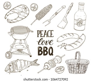 Hand drawn barbecue objects isolated on white background. BBQ sketches. Peace, love, BBQ. Outdoor grill, roasted salmon, sausages and corn with sauce and picnic basket.