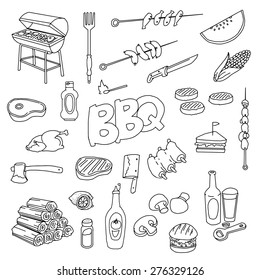 hand drawn barbecue related item set, vector illustration