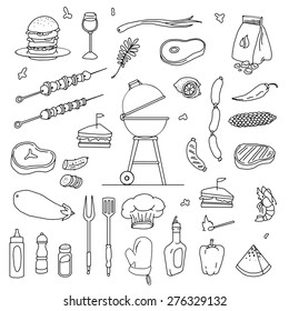 hand drawn barbecue related item set, vector illustration