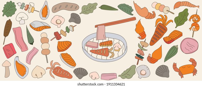 Hand drawn barbecue and seafood set. Vector illustration in doodle art style on soft yellow background