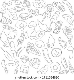 Hand drawn barbecue and seafood set. Vector illustration in doodle art style on white background