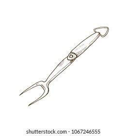 Hand drawn barbecue tool isolated on white background. Grill fork sketch vector illustration.
